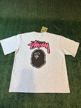 Stüssy x BAPE Ape Head Graphic Tee Gray NWT